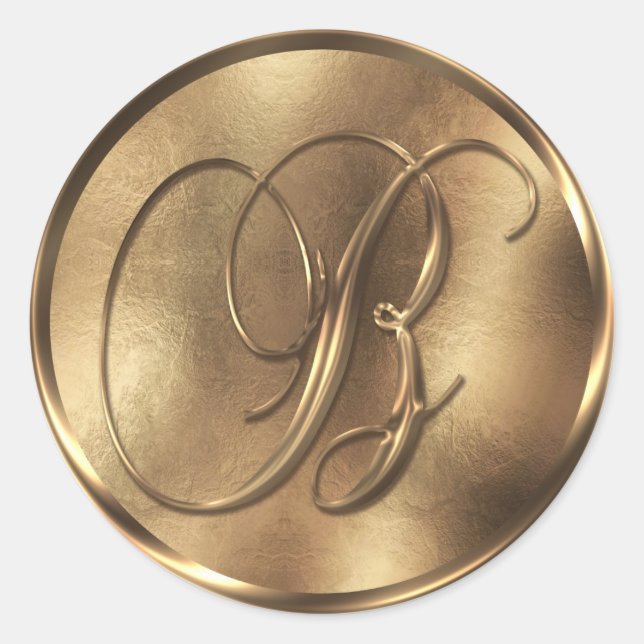 Monogram B Bronze Wedding Invitation Holiday Classic Round Sticker (Front)
