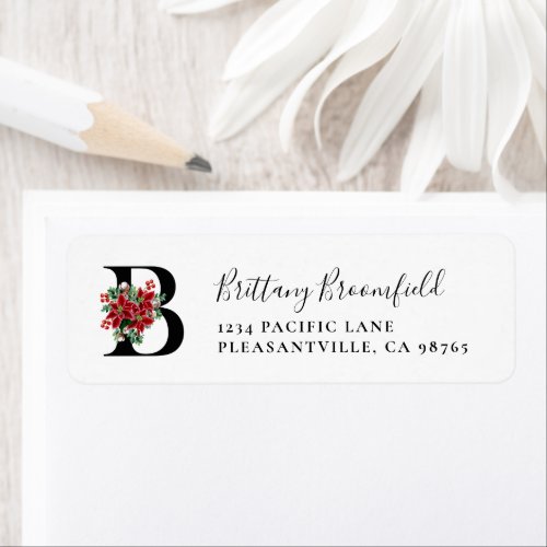 Monogram B Christmas Poinsettia Return Address Label