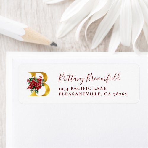 Monogram B Christmas Red Gold Return Address Label