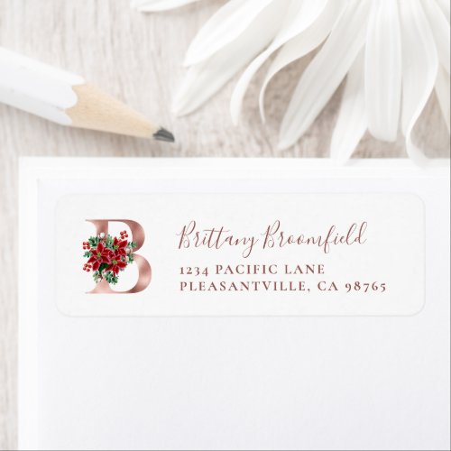 Monogram B Christmas Rose Gold Return Address Label