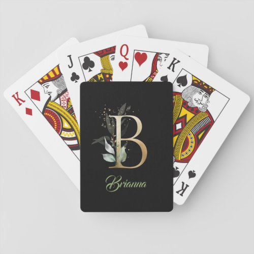Monogram B green eucalyptus faux gold foil black  Playing Cards