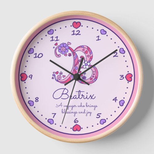 Monogram B hearts girls name meaning pink clock