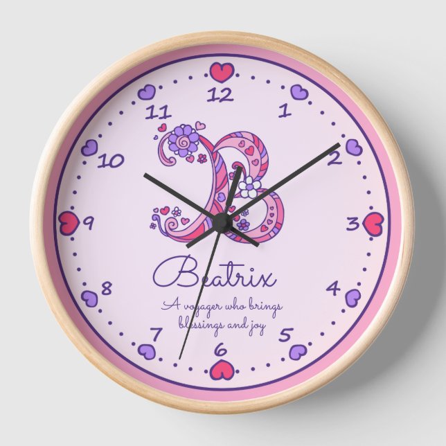 Monogram B hearts girls name meaning pink clock (Front)