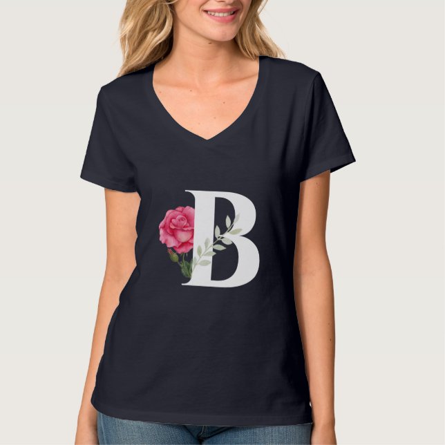 Monogram B in White Pink Rose and Leave T-Shirt (Front)