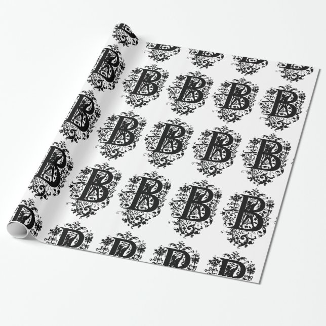 Monogram B Initial Black and White Floral Pattern Wrapping Paper (Unrolled)