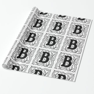 Monogram B Initial Black and White Floral Pattern Wrapping Paper