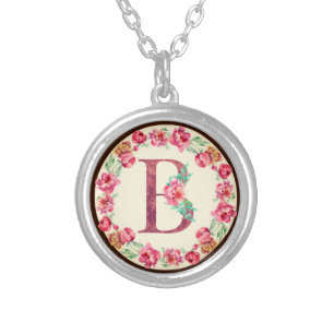 Monogram B Letter with Peony Flower Charm Silver Plated Necklace