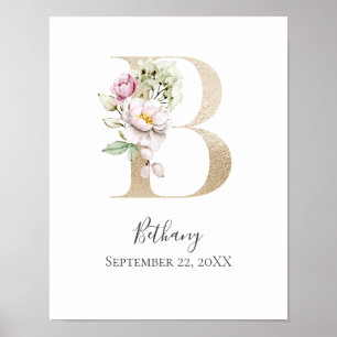 Monogram B Pink White Floral Gold Letter Nursery Poster