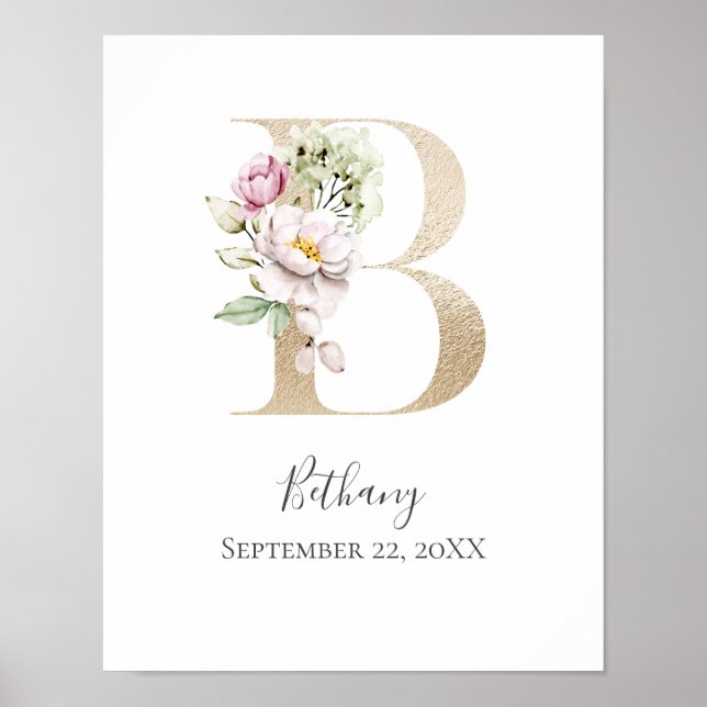 Monogram B Pink White Floral Gold Letter Nursery   Poster (Front)
