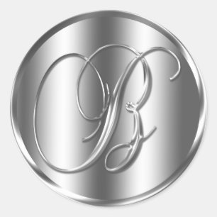 Monogram B Silver Color Wedding Invitation Holiday Classic Round Sticker