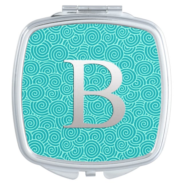 Monogram B & swirl pattern - turquoise and aqua Makeup Mirror (Front)