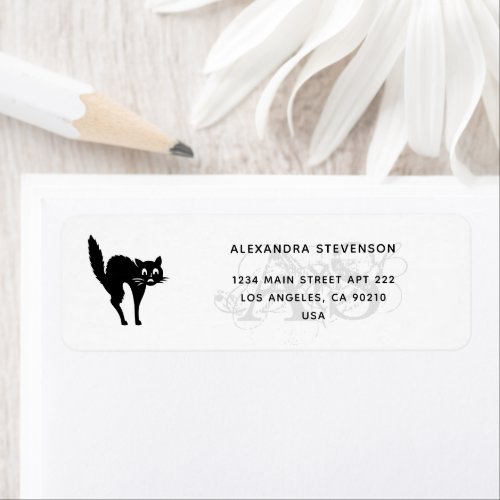 Monogram BW Halloween Spooky Cat Return Address Label