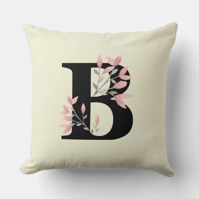 Monogram B with Pink Floral Sprays Throw Pillow (Front)