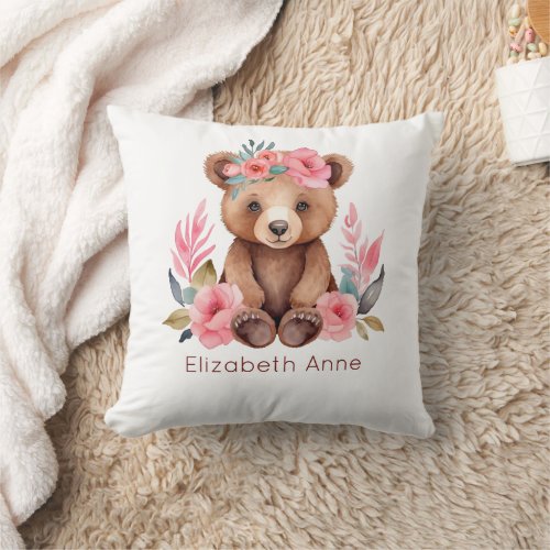 Monogram Baby Bear Pink Flowers Baby Girl Nursery Throw Pillow