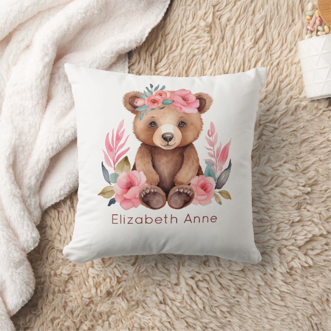 Monogram Baby Bear Pink Flowers Baby Girl Nursery Throw Pillow (Blanket)