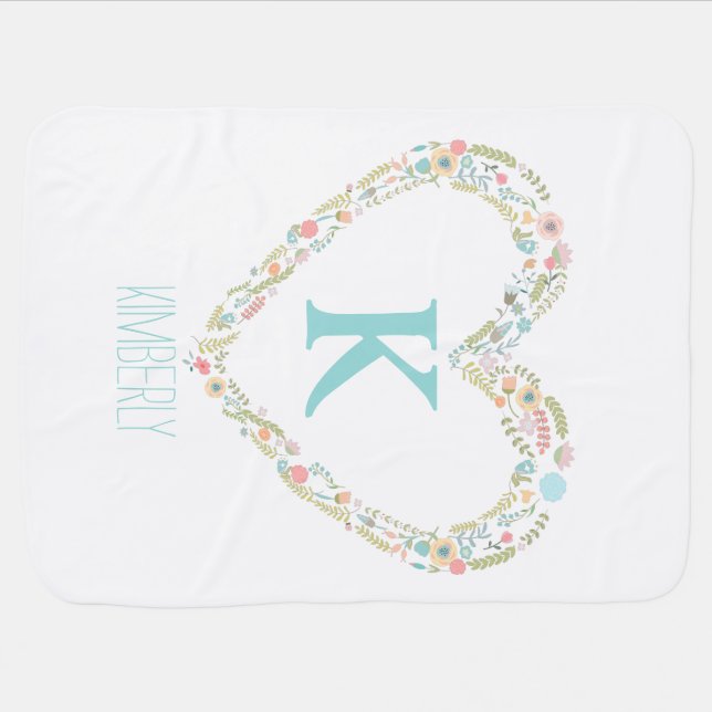 Monogram baby blanket with floral heart frame (Horizontal)