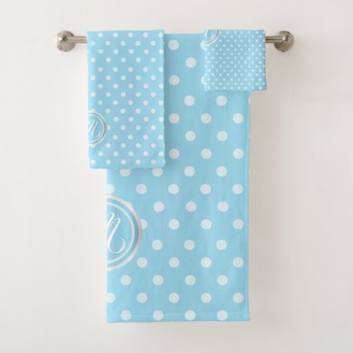 Monogram Baby Blue Polka Dots Pattern Bath Towel Set