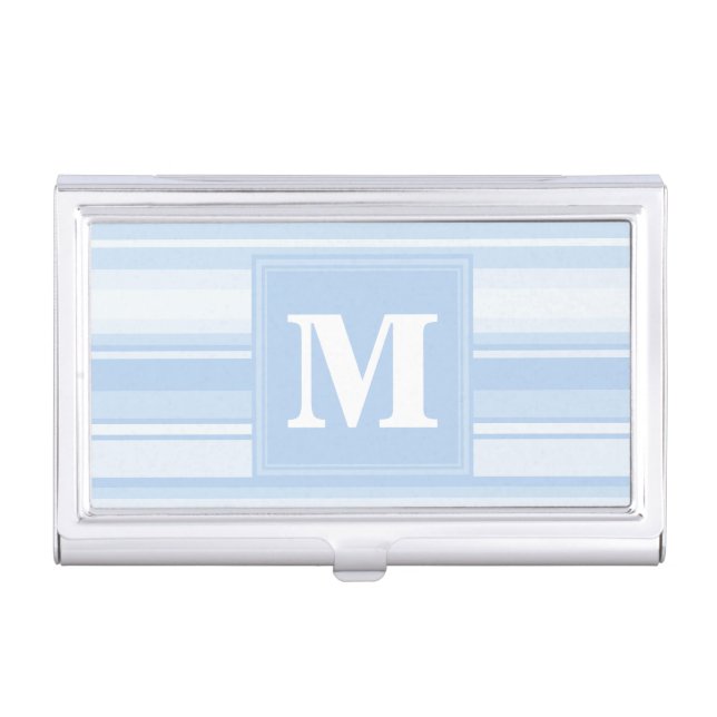 Monogram baby blue stripes business card holder (Front)