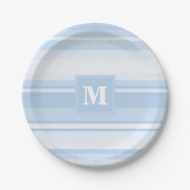 Monogram baby blue stripes paper plates (Front)