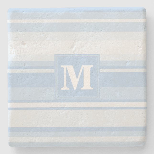 Monogram baby blue stripes stone coaster (Front)