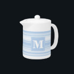 Monogram baby blue stripes teapot<br><div class="desc">Irregular horizontal stripes in different shades of light blue</div>