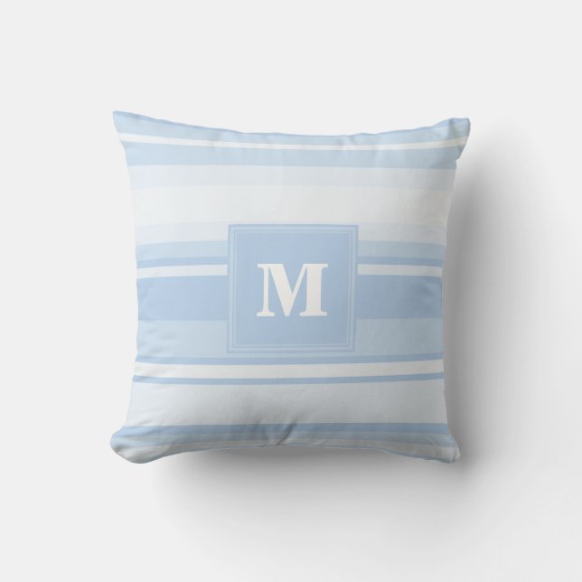 Monogram baby blue stripes throw pillow (Front)