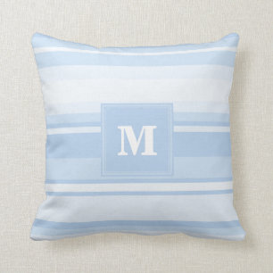 Monogram baby blue stripes throw pillow