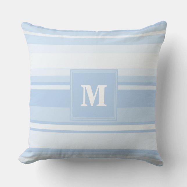 Monogram baby blue stripes throw pillow (Front)