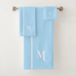 Monogram Baby Blue White Racing Stripes Boys Kids Bath Towel Set<br><div class="desc">Create your own custom, personalized, cool, classy, stylish, classic, baby blue and white racing stripes design, modern elegant white typography / script monogram, trendy, machine washable, bath towel set that includes 30" x 60" bath towel, 16" x 28" hand towel and 13" x 13" washcloth. To customize, simply type in...</div>