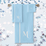 Monogram Baby Blue White Racing Stripes Boys Kids Bath Towel Set<br><div class="desc">Create your own custom, personalized, cool, classy, stylish, classic, baby blue and white racing stripes design, modern elegant white typography / script monogram, trendy, machine washable, bath towel set that includes 30" x 60" bath towel, 16" x 28" hand towel and 13" x 13" washcloth. To customize, simply type in...</div>