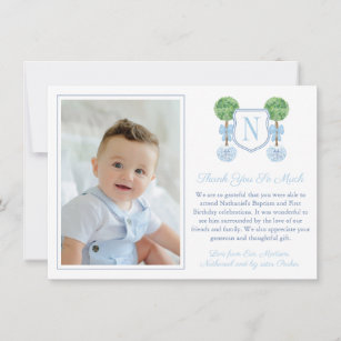 Monogram Baby Boy Birthday Christening Picture Tha Thank You Card