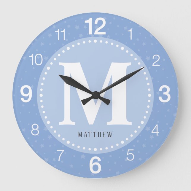 Monogram Baby Boy Blue Nursery Large Clock (Front)