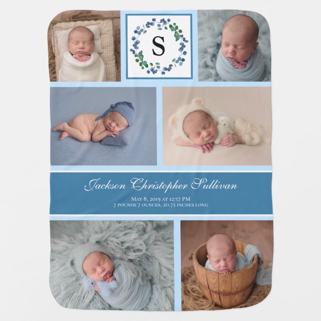 Monogram Baby Boy Photo Collage Blue Blanket (Front)