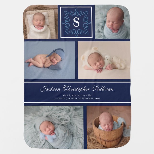 Monogram Baby Boy Photo Collage Navy Blanket (Front)