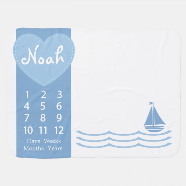 Monogram Baby Boy Sailboat Milestone Photo Blanket (Horizontal)