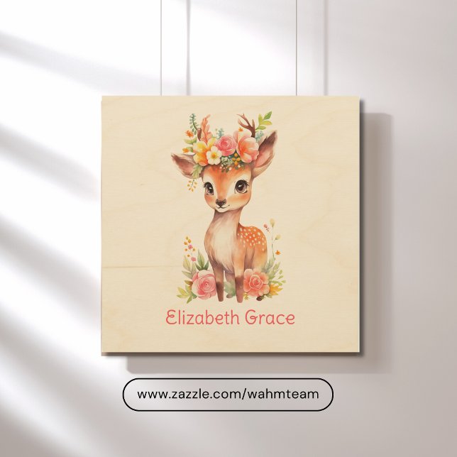 Monogram Baby Deer Pink Floral Flowers Nursery Wood Wall Art (Baby Deer Pink Flowers Watercolor Nursery Wood Wall Art- monogrammed name)