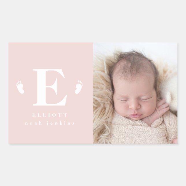 monogram baby feet photo birth announcement rectangular sticker (Front)