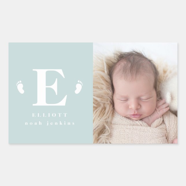 monogram baby feet photo birth announcement rectangular sticker (Front)