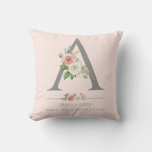 Monogram Baby Girl Birth Stats Heart Floral Throw Pillow