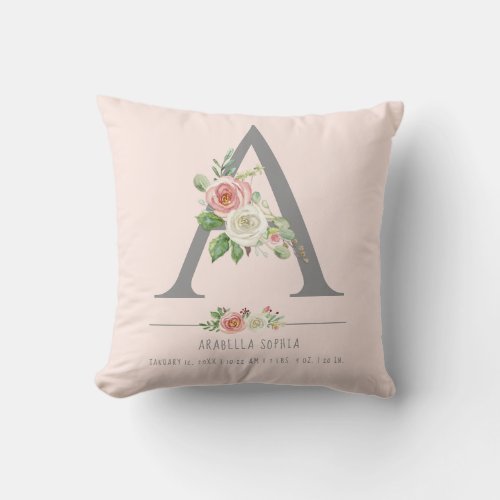 Monogram Baby Girl  Birth Stats Heart Floral Throw Pillow