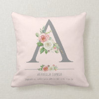 Monogram Baby Girl | Birth Stats Heart Floral Throw Pillow