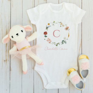 Monogram Baby Girl Pink Watercolor Floral Bodysuit