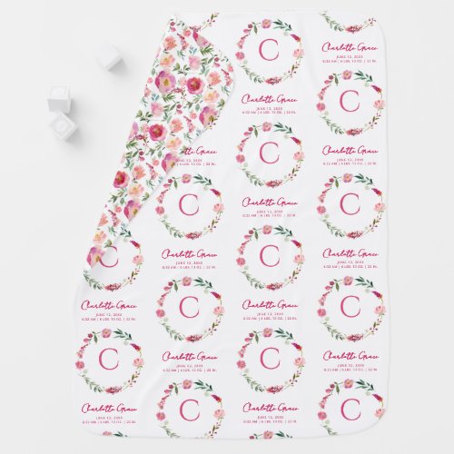 Monogram Baby Girl Watercolor Pink Floral Nursery Baby Blanket