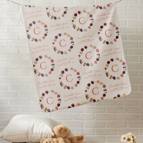 Monogram Baby Girl Watercolor Terracotta Floral Baby Blanket