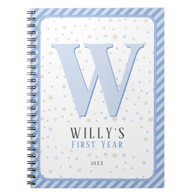 Monogram Baby Memory Journal. Blue and White Notebook (Front)