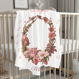 Monogram Baby Milestone Floral Pink Baby Blanket
