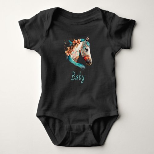 Monogram Baby Name Boho Pretty Horse Blue Pretty Baby Bodysuit