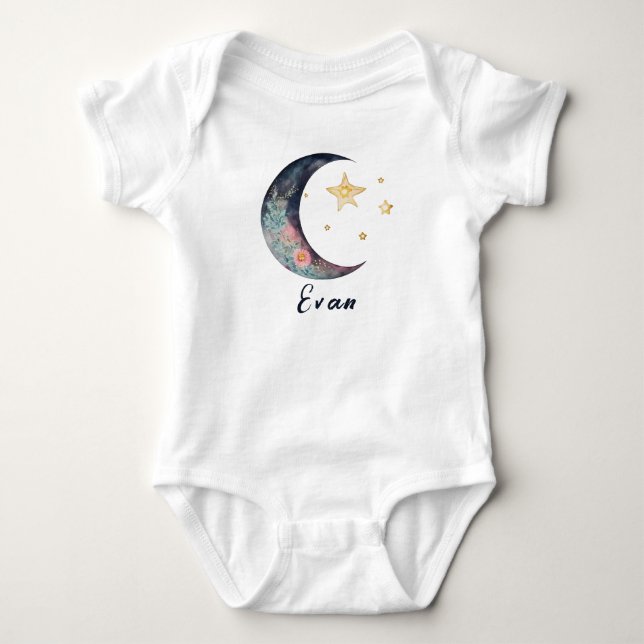Monogram Baby Name Earthy Boho Flower Moon Stars Baby Bodysuit (Front)
