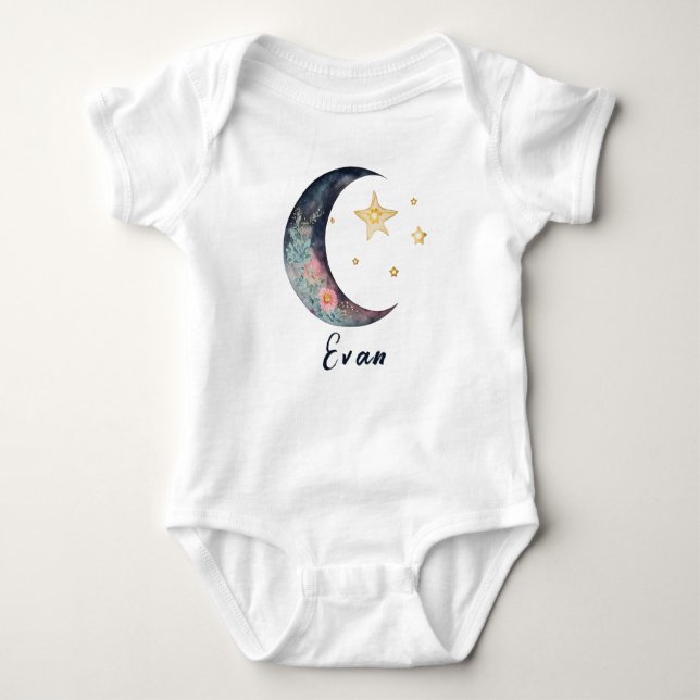 Monogram Baby Name Earthy Boho Flower Moon Stars Bodysuit (Front)