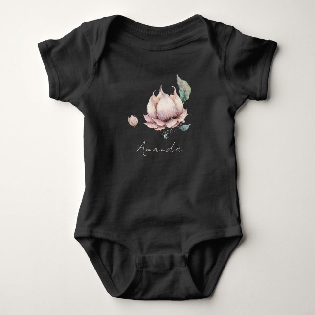 Monogram Baby Name Earthy Boho Pretty Lotus Flower Baby Bodysuit (Front)
